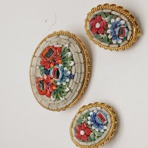 Vintage Italian micro mosaic brooch and clip on earrings